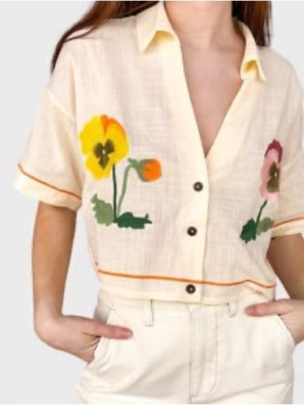 Embroidered Floral Cropped Button-Up Top -Cream with Yellow & Pink Flowers Vacay